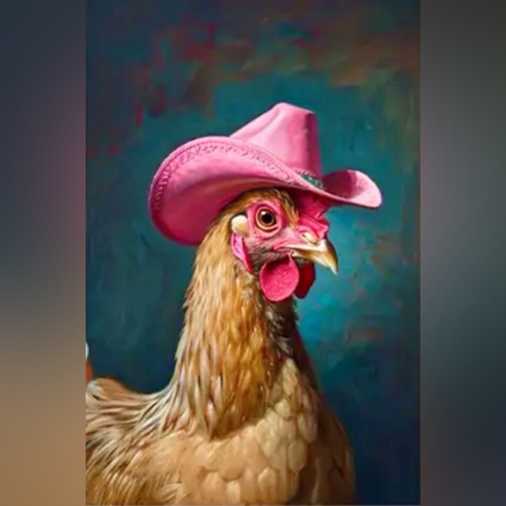 12x16.5 Humorous Western Chicken Hen Wearing Pink Cowboy Hat Canvas Art Print